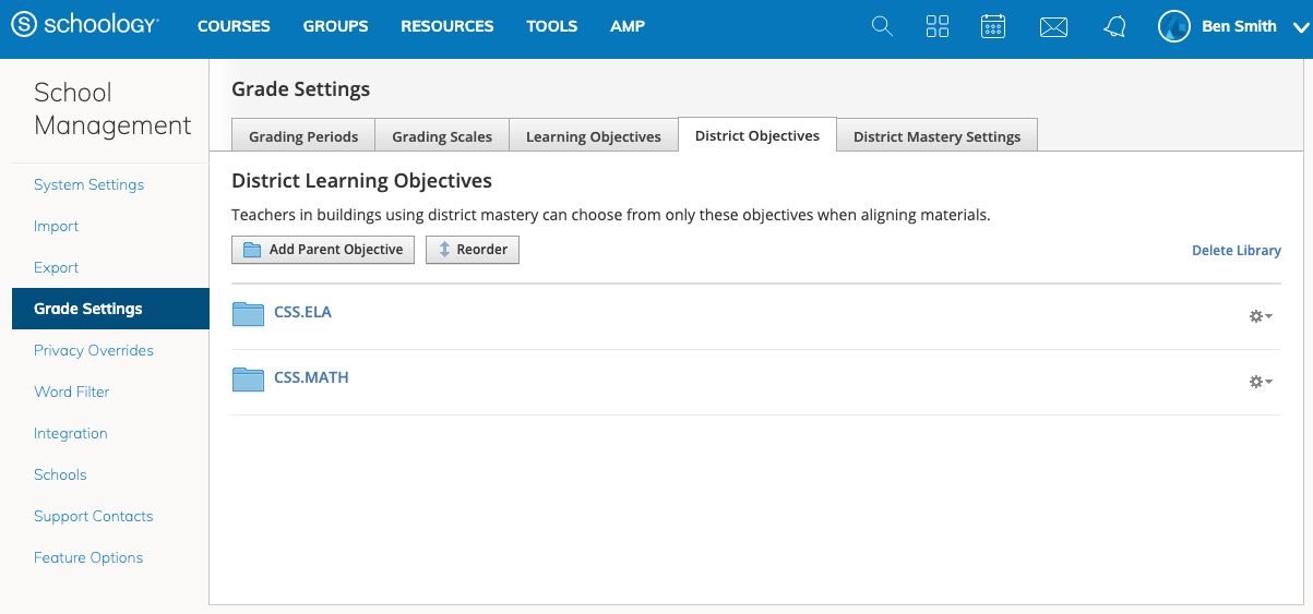 Grade Settings displaying imported District Learning Objectives