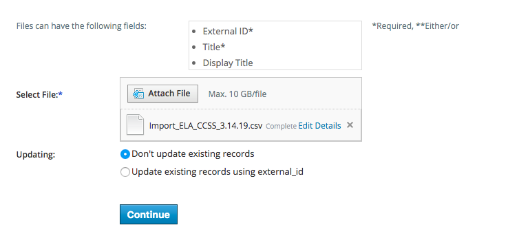 Import File selection example. 