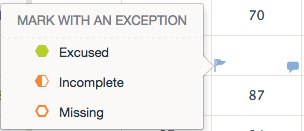 Gradebook exceptions can be selected for Excused, Incomplete, or Missing work.
