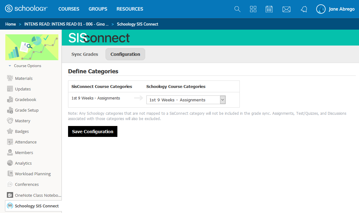 Teacher configuration page in Schoology SIS Connect app. 