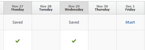 Monday and Wednesday display Saved, while Friday still displays Start. Tuesday and Thursday are blank.