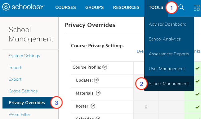 Tools page with Privacy Overrides highlighted.