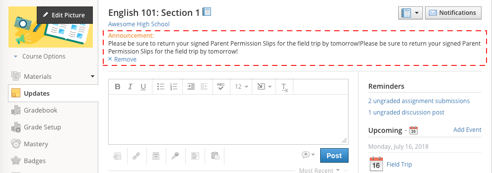 Announcements are listed first on Update and Course pages.