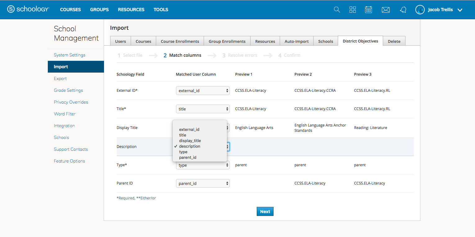 District Objectives import example of when files are selected. 