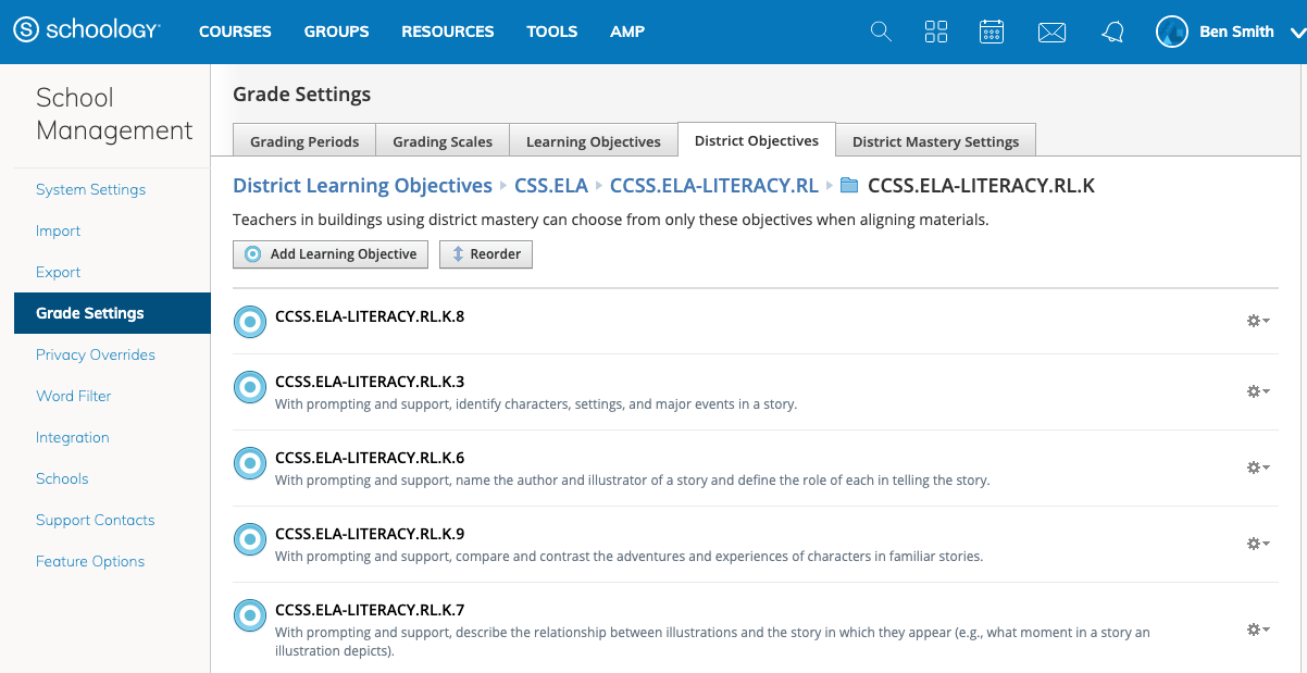 Grade Settings with the lowest level Learning Objectives displaying a target icon. 