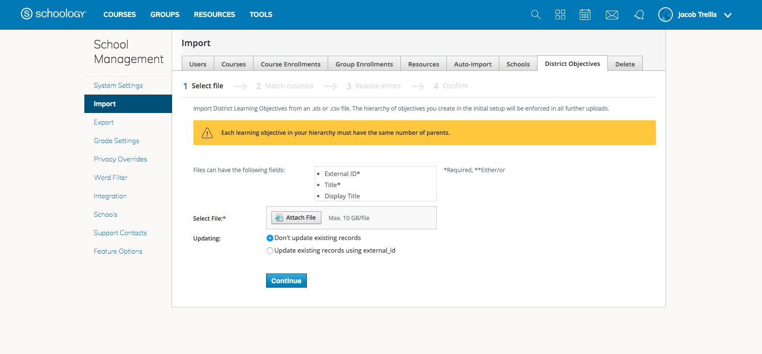 Import page with District Objectives tab selected.